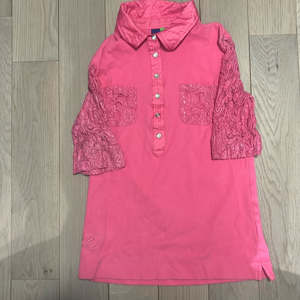 Hot Pink Daily Sports Lace-Accented Collared Shirt w/ Rhinestone Buttons